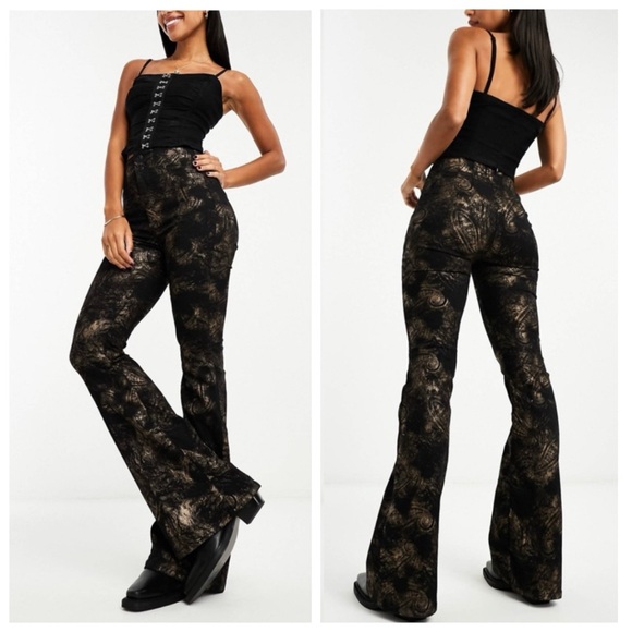 Free People Jayde Metallic High Rise Flare Leg Jeans In Black Tie Size 26 - Picture 2 of 15